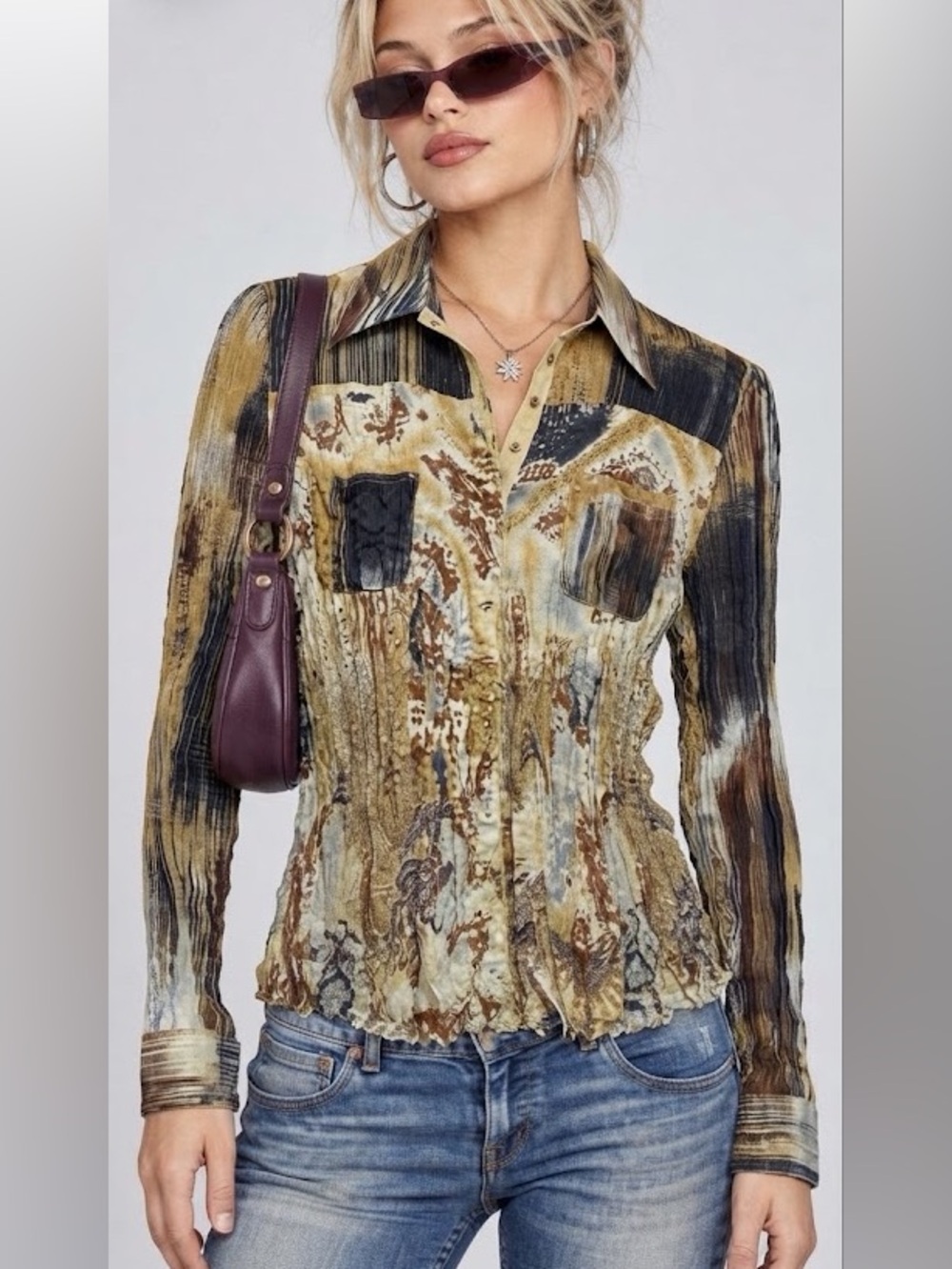 Vintage Y2K Jaipur Crinkle Pleated Button Down Blouse Tan Black Small